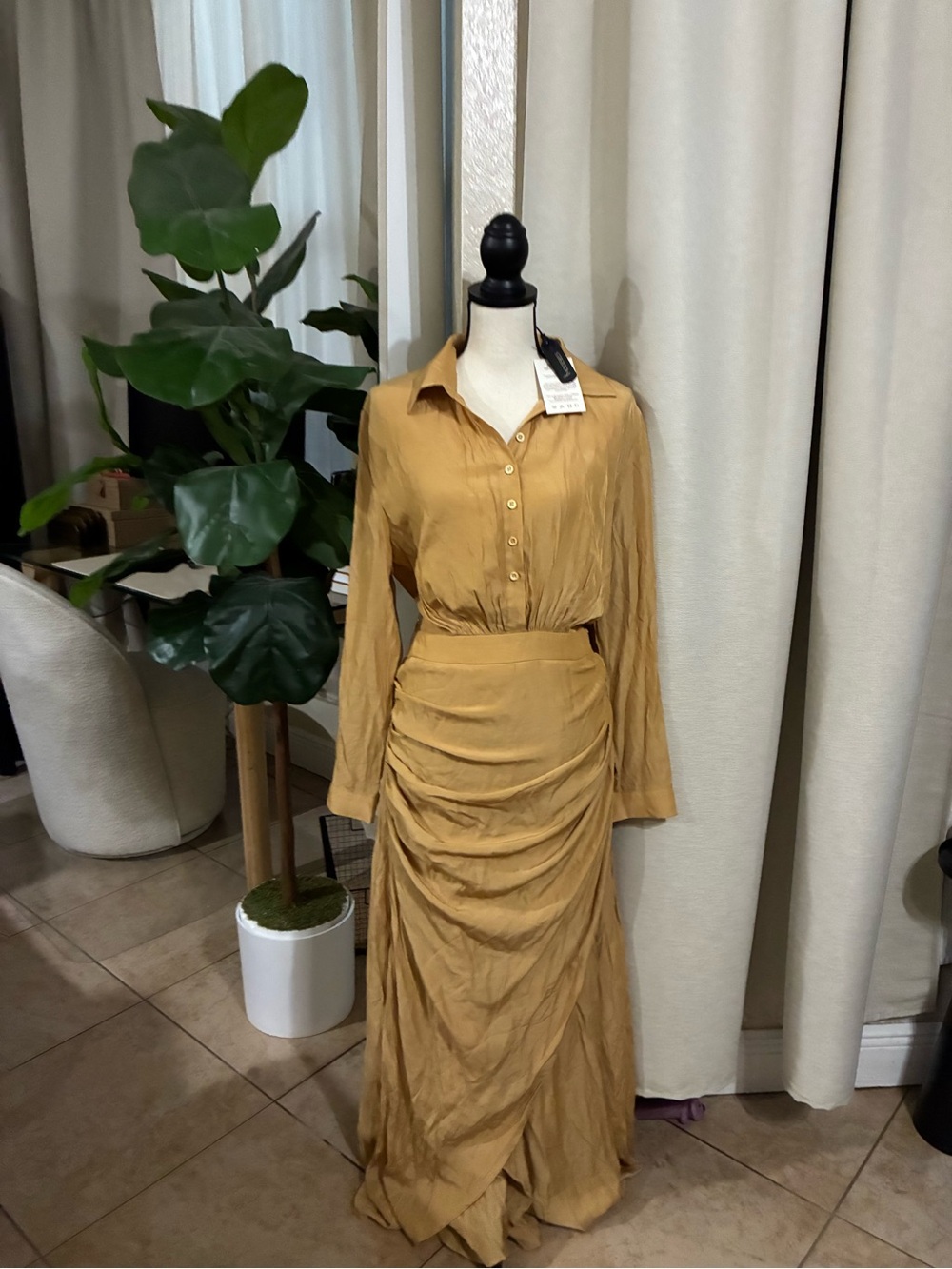 Ruched Washed Satin Maxi Skirt in Mustard - Women